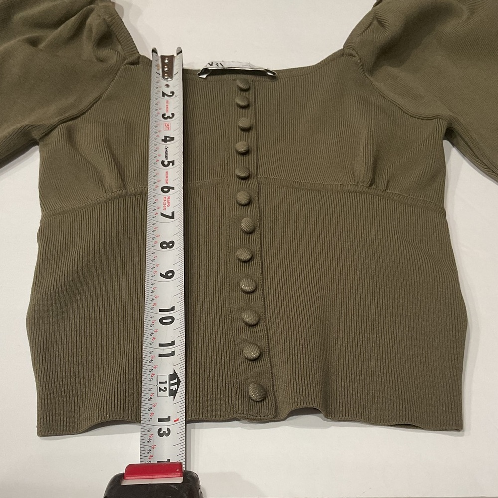 Zara Olive Green Puff Sleeve Crop Blouse Size M - Picture 7 of 12